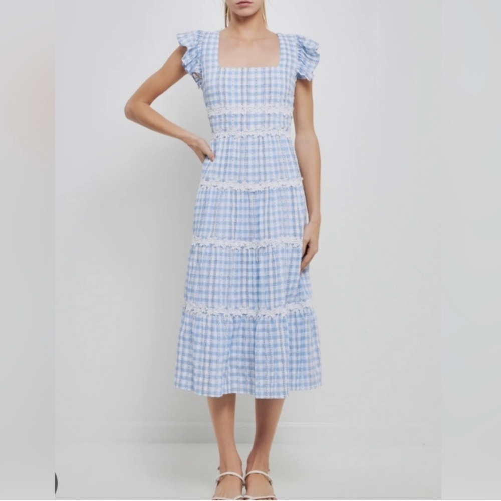 English Factory Gingham Midi Dress Size 2X Tiered Cotton Blue